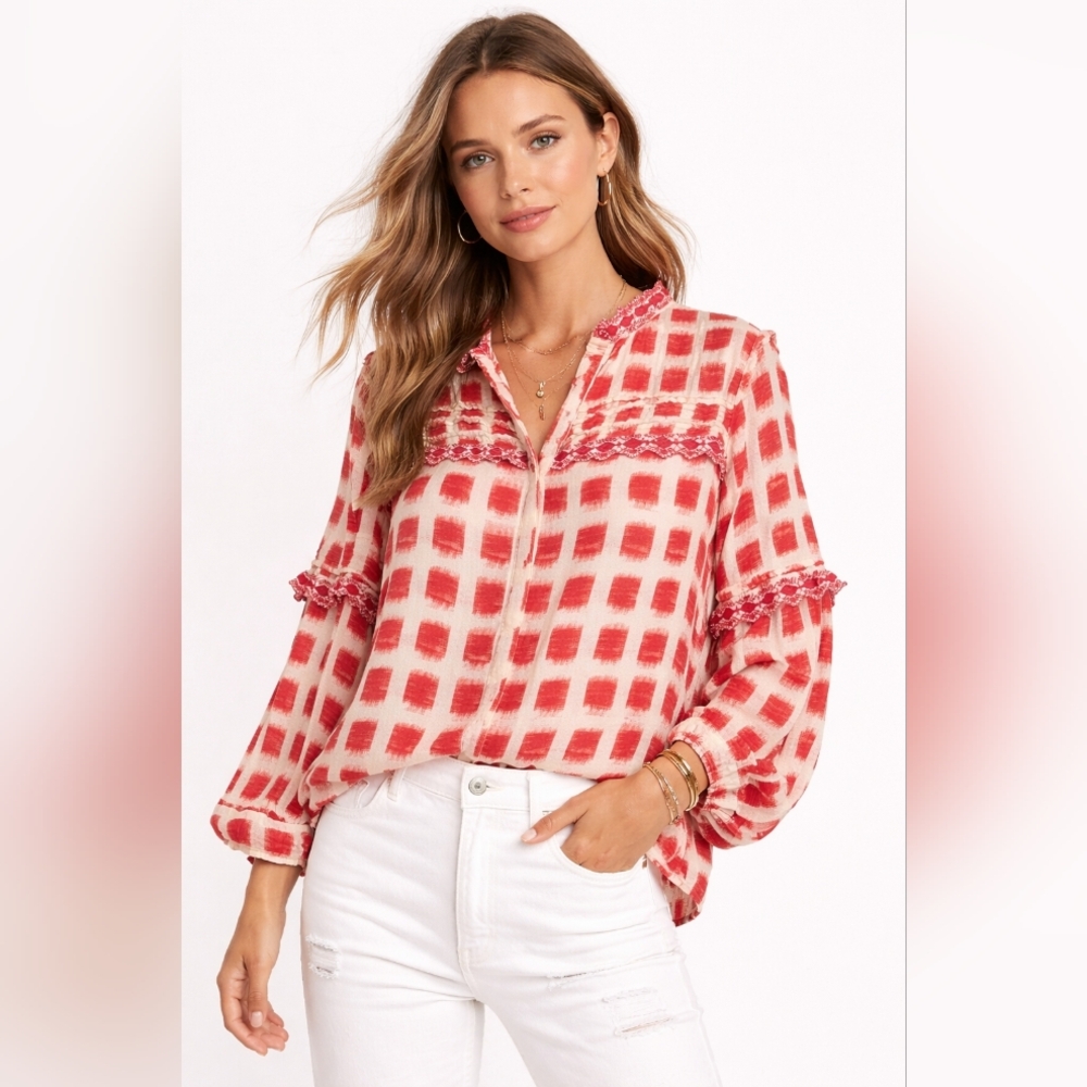 Vineet Bahl Red & Cream Check Lace Trim Blouse Size S Boho India